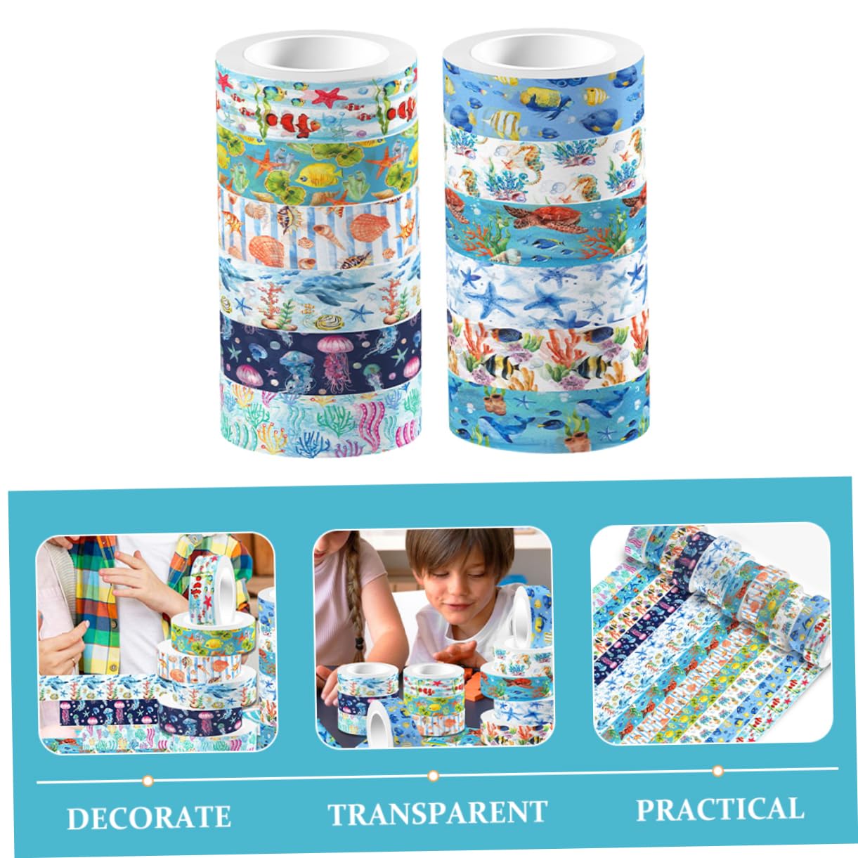 SEWACC 5piezas Conjunto De Cinta Washi De Vida Marina De Cinta Decorativa Transparente y Adhesiva Para Manualidades Diarios y Planificadores Para Niño Niña y Adultos