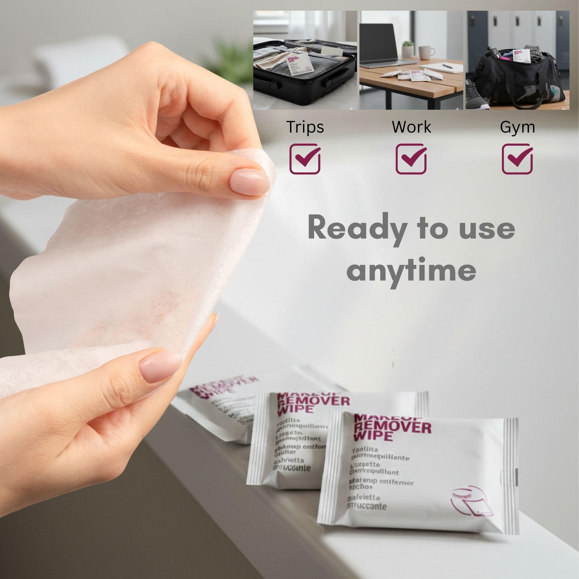 50 Sobres Toallita Desmaquillante – Makeup Remover Wipe monodosis, limpieza facial, formato viaje, amenities baño, kit bienvenida, pack hotel, reposición rápida
