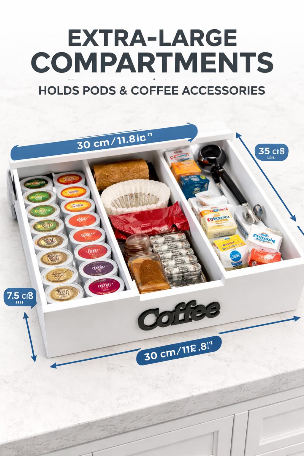 Porta Cialde e Capsule in Bambù con Cassetto (3 Scomparti) Organizer elegante per cialde, capsule e tisane, scritta nera e scritta oro (scritta oro)