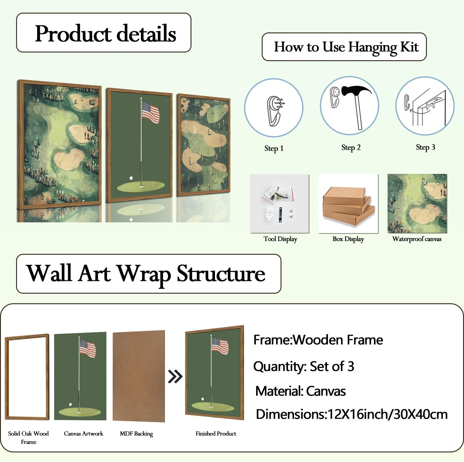 Vintage Golf Wall Art Set of 3, Mid Century Sports Wall Decor Paintings, Retro Green Golf Course Landscape Canvas Prints Artwork Picture for Bedroom Living Room Man Cave 12x16 inch Framed - Image 4