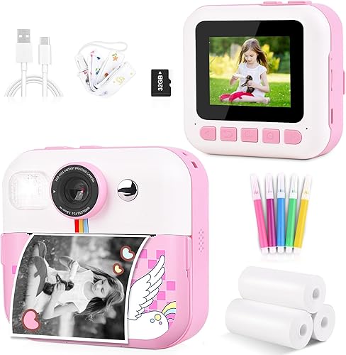 Cámara de impresión instantánea para niños, cámara digital mejorada para niños de 3 a 12 años, grabadora de video HD 1080P con tarjeta SD de 32 GB,