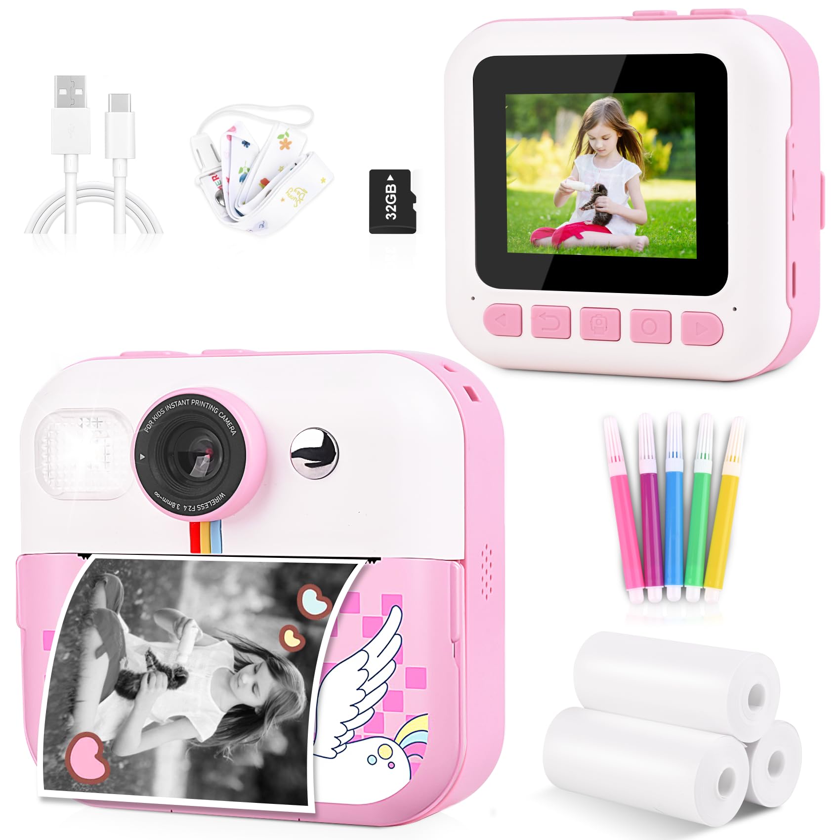 Moizoe Kids Instant Print Camera, Upgrade Digital Camera for Toddlers Ages 3-12, 1080P HD Video Recorder with 32GB SD Card, 2.4" Screen, Birthday Gifts for 6-10 Year Old Girls Boys
