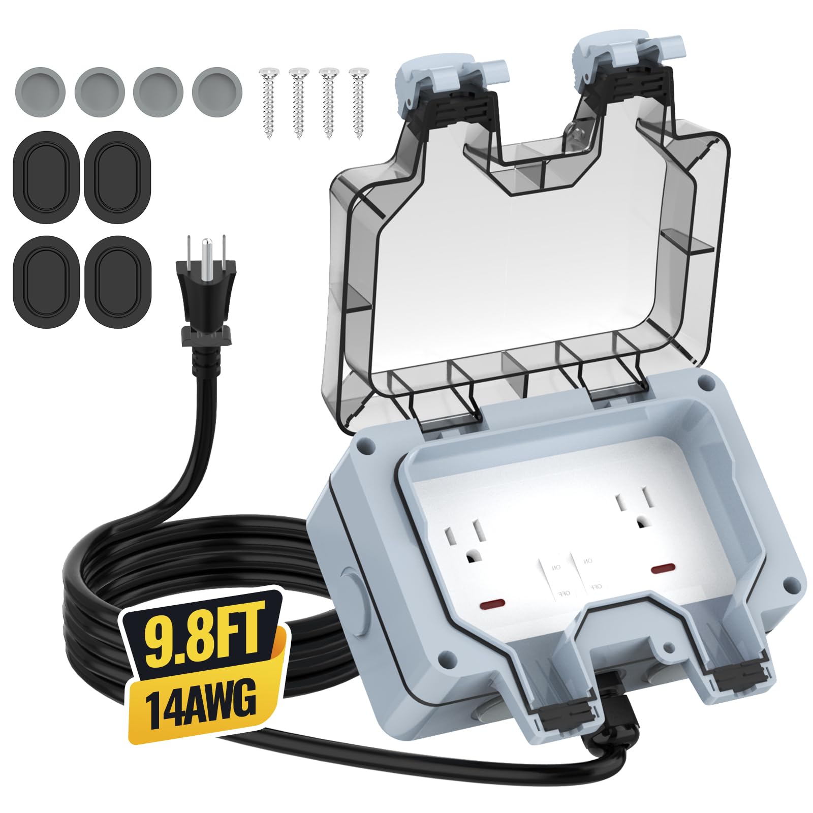 Outdoor Outlet Box with 9.8Ft Extension Cord, NEMA 5-15R, IP66 Waterproof Outdoor Outlet Box w/Lockable Cover & LED Indicator (Double Plug Socket) -