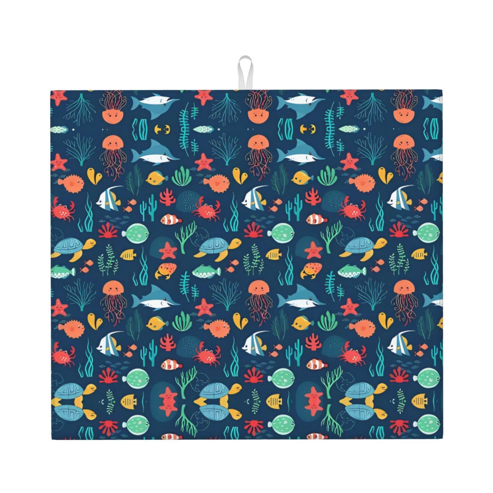 HJFCZH Ocean Fish Turtle Jellyfish Prints Kitchen Drying Mat - Absorbent Dish Drying Throw with Vibrant Prints, Quick-Dry Countertop Layer for Dishes & Appliances - Non-Slip & Foldable