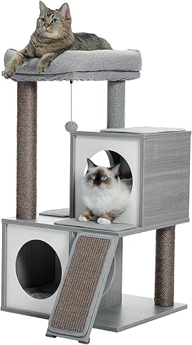 PAWZ Road Árbol para gatos, torre de madera para gatos de 35 pulgadas con condominios dobles, percha espaciosa, postes de sisal rascadores PAWZ Road Árbol para gatos, torre de madera para gatos de 35 pulgadas con condominios dobles, percha espaciosa, postes de sisal rascadores