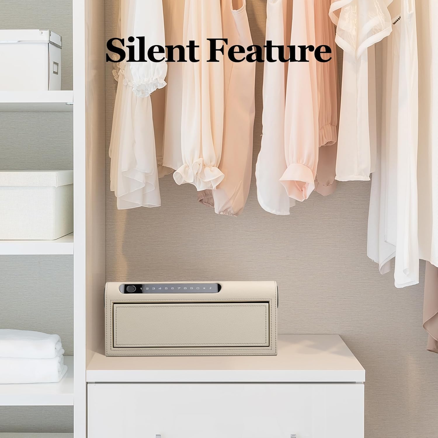 Jewelry Safe with Drawers，Biometric Fingerprint safe, Slide-Away Handgun Safe for Pistols, Leather Wrapped Jewelry Storage Safe, Digital Keypad & Quick-Access Drawer (White- 1 Drawer)