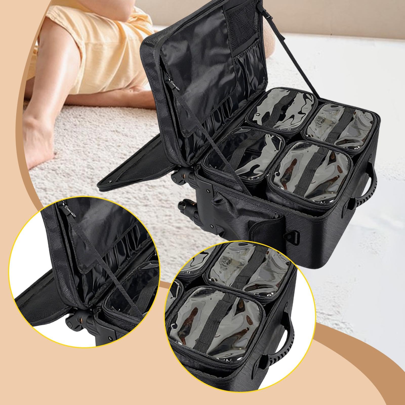 Maletín de Maquillaje con Ruedas Carrito Trolley Estuche Cosmético Bolsa de Viaje con Compartimento para Brochas Y Cubierta Transparente Divisores con