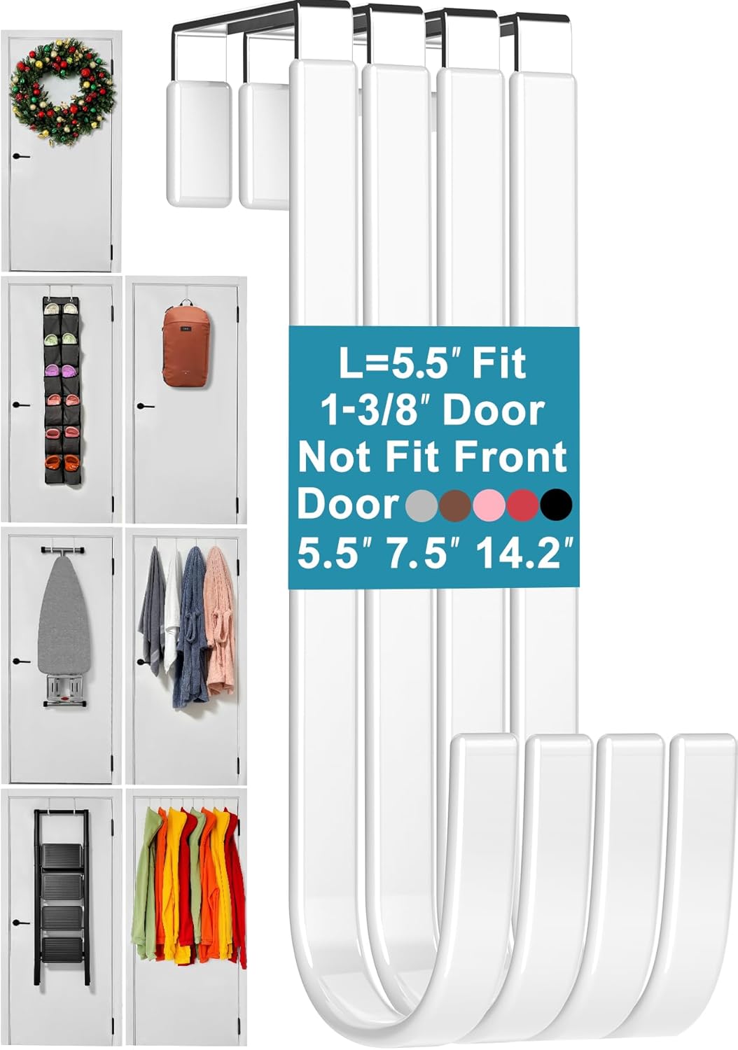 Over the Door Hooks Fit Interior Door up to 1 3/8″ Optimal, Steel w/ Rubber Coating, Not for Front Door, for Hanging Towel Robe Hanger Bathroom Bunk Wreath Ironing Board Holder Cute 4pcs 5.5″ White