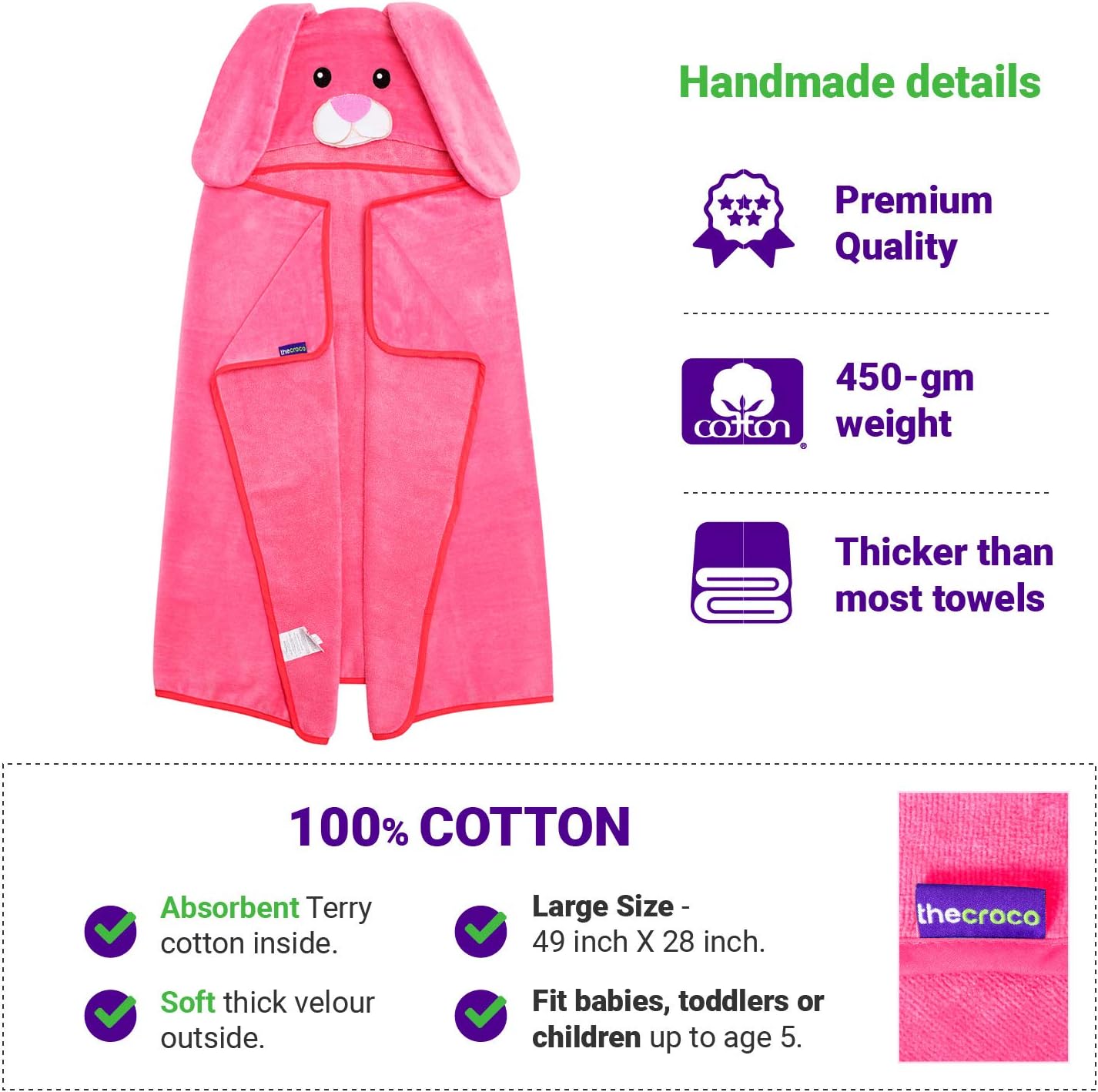 PREMIUM Bunny Hooded Towel by TheCroco: Ultra Soft, 100% Cotton, Super Absorbent & Thick, Larger than others; for Toddlers and Kids up to 7 years old