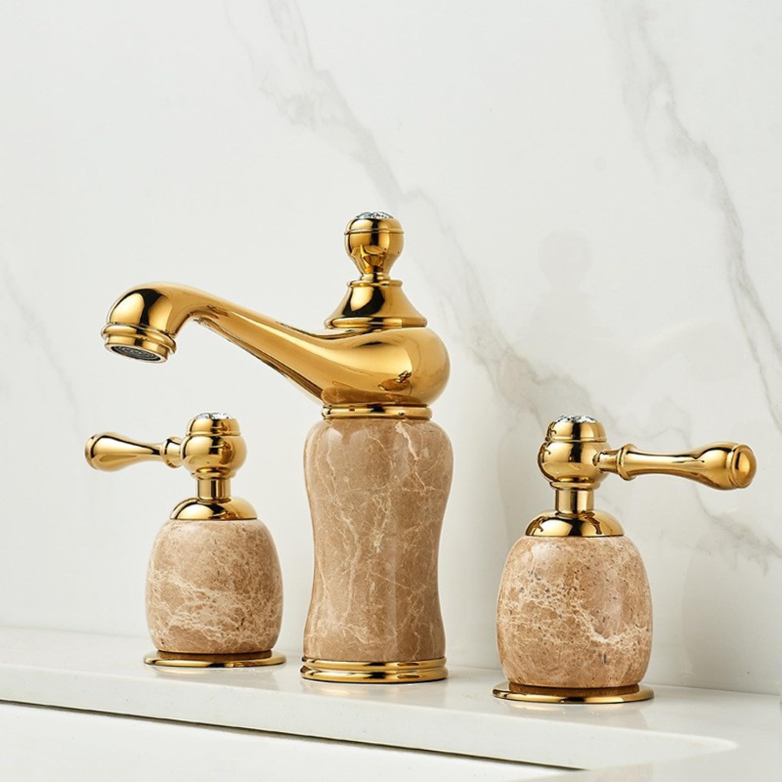 Fanjubei Oat Marble Gold Bathroom Bronze, Marble, Jade Three-Hole Faucet