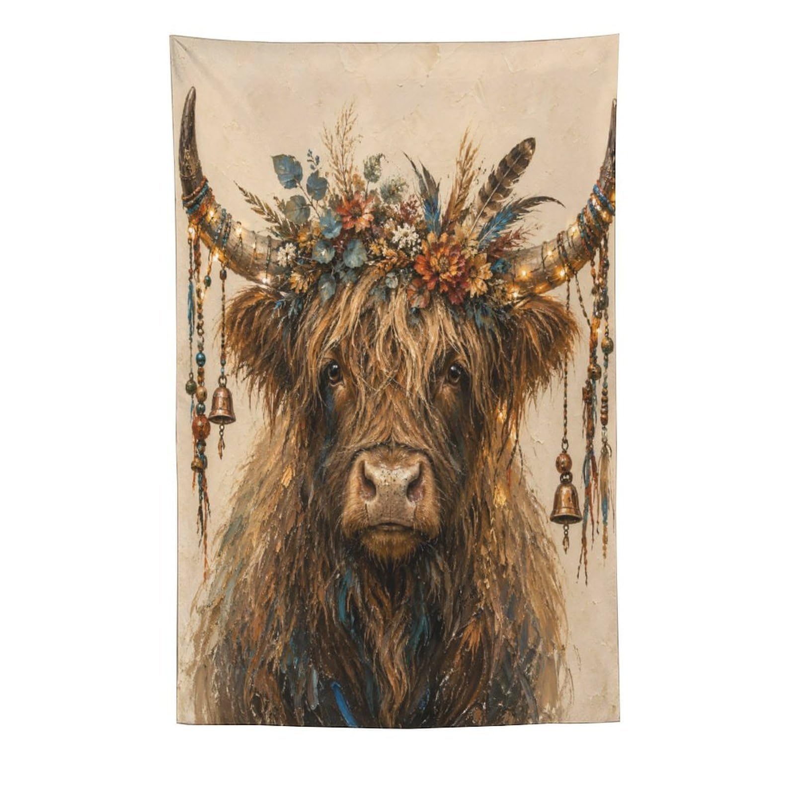 W7C8U2X3 Highland Cow Rustic Portrait Wall Tapestry, Warm Country Mood
