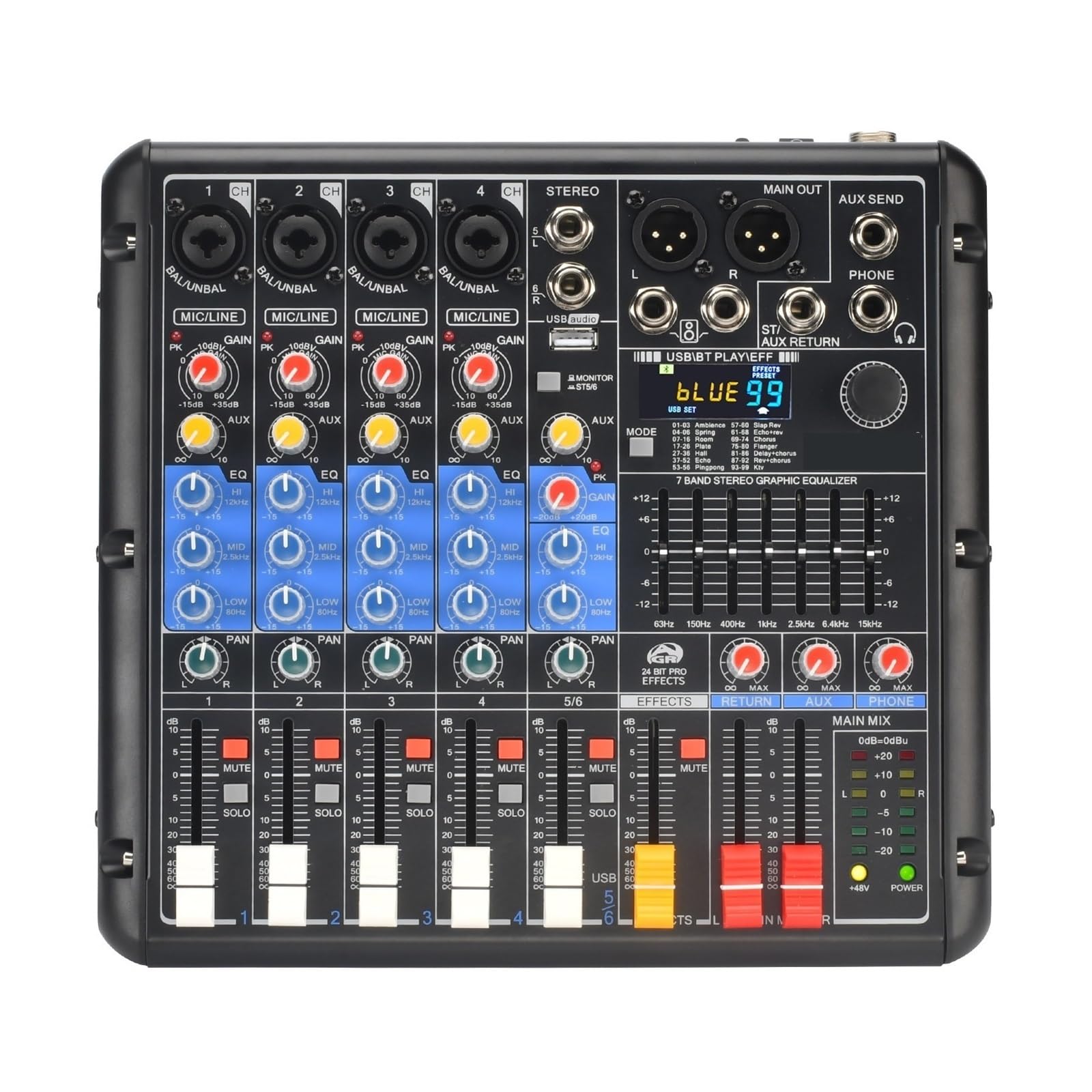 Mikser audio, Mikser audio 6-kanałowy, 99 efektów DSP, 5.0, 7-pasmowy korektor, wyciszenie, konsola miksująca Solo, USB, nagrywanie, odtwarzanie na komputerze, imprezę do karaoke w studiu