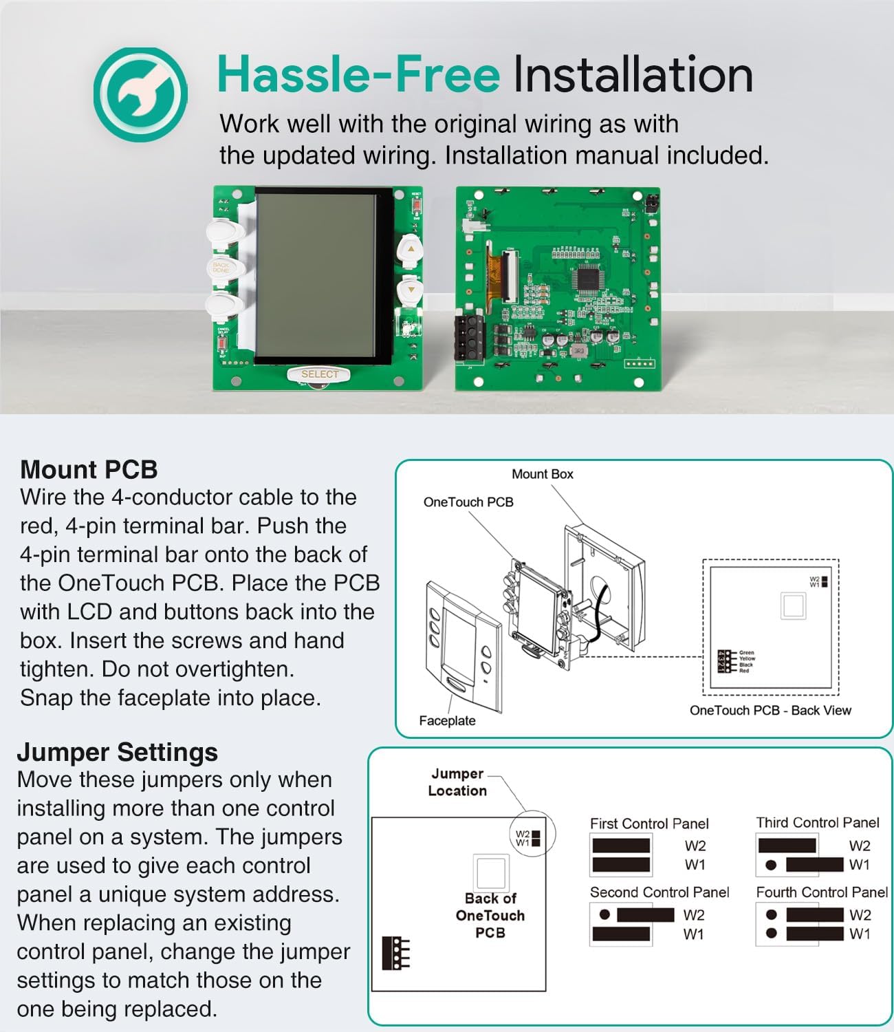 Installation guide for the R0550700 PCB Subassembly, showing how to mount the PCB into the control box and configure jumper settings for multiple control panels.