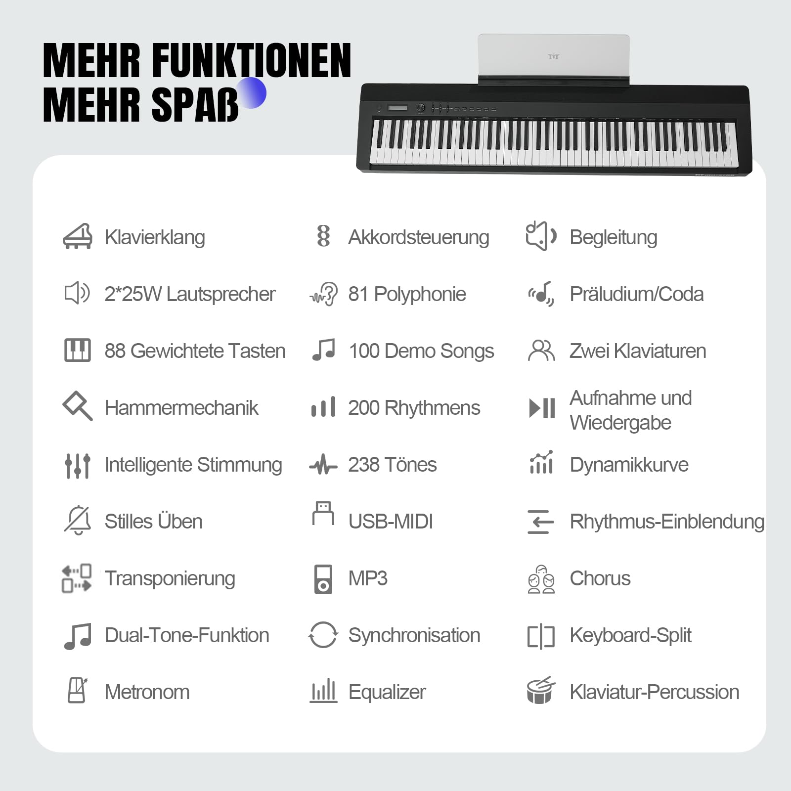 MUSTAR Piano digital de 88 teclas con mecanismo de martillo, piano clásico profesional, función dual y transpose, 3 pedales, soporte para piano, altavoz, USB/MIDI, negro