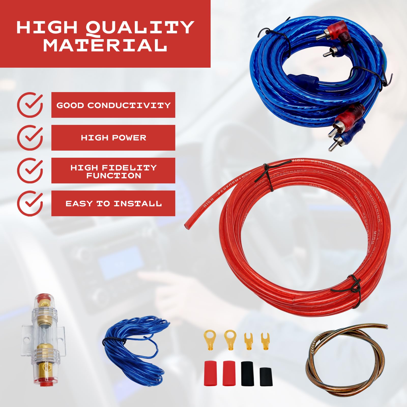 10GA Kit de Cableado para Amplificador de Coche, Kit de Cables Instalación Amplificador Subwoofer, Kit de Cableado de Amplificador de Coche Kit de Cableado Amplificador con Fusible