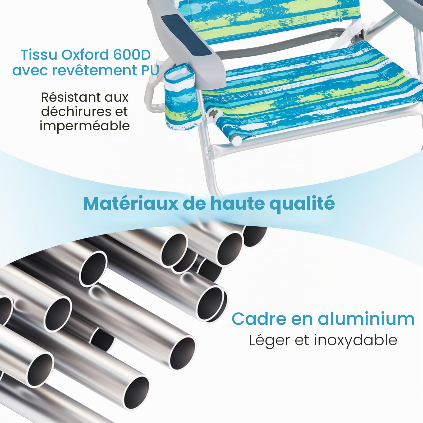 FANTASK Lot de 2 chaises de Plage Pliables, Chaise de Camping, Dossier réglable sur 5 Niveaux, chaises Pliantes avec Dossier réglable, appuie-tête, Porte-gobelet et Porte-Serviettes, Charge jusqu'à