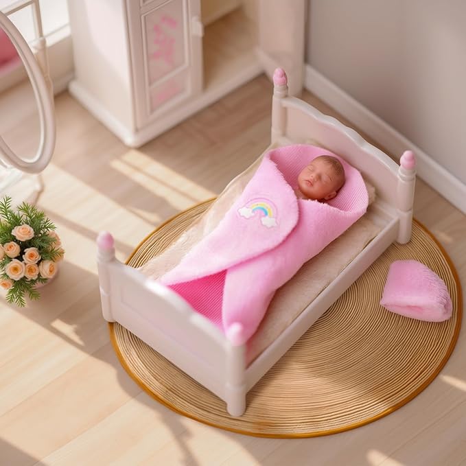 BABESIDE Mini Silicone Baby Dolls, 3 Inch Realistic Newborn Baby Dolls Full Silicone Sleeping Little Mini Real Life Baby Girl Miniature Baby with Playset Accessories(Pink)