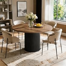 47.24" Round Dining Table for 4-6 People, Modern Fluted Kitchen Dining Table with Sturdy Metal Base, Large Circle Dining Room Table for Kitchen, Apartment, Breakfast Nook, Brown + Black