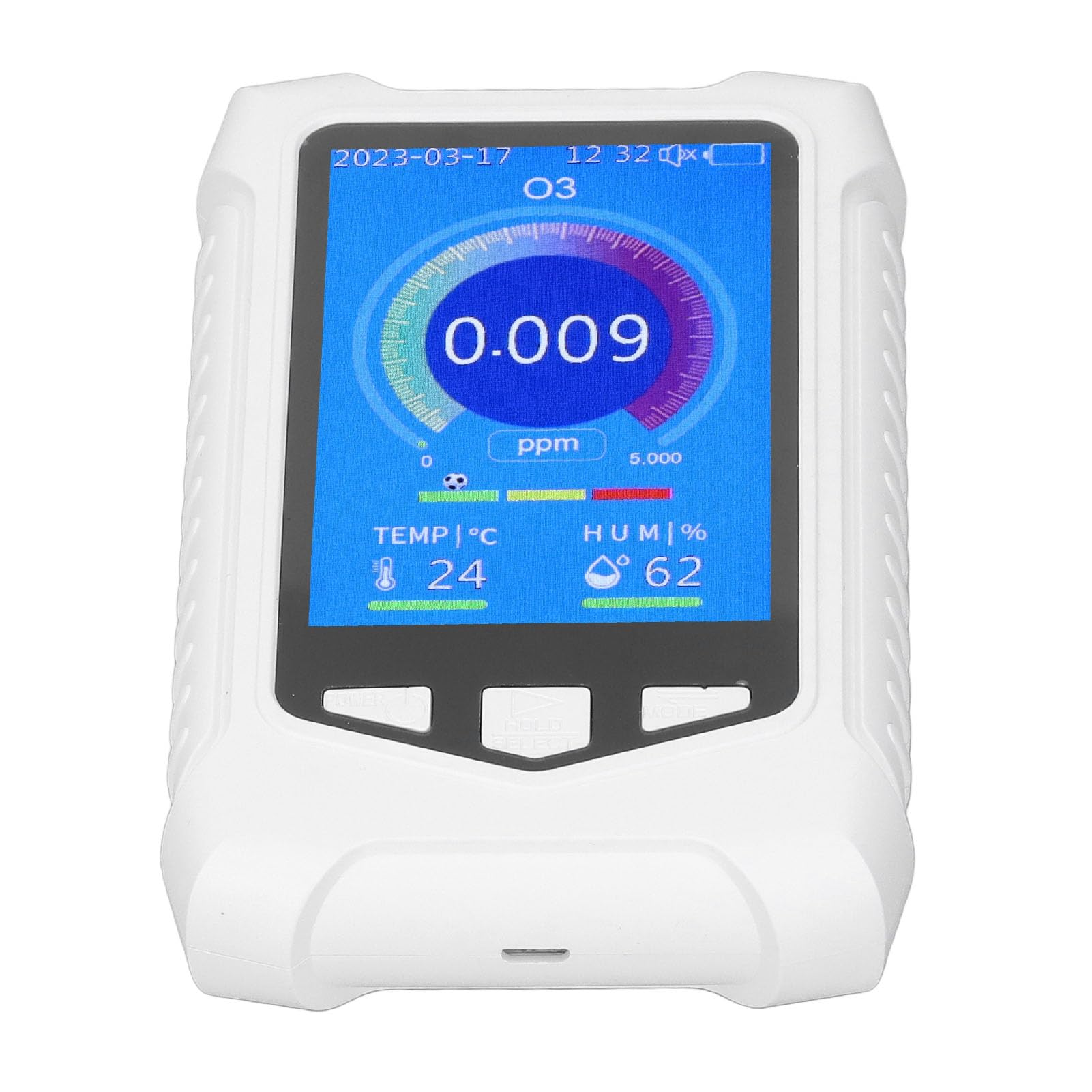 Detector de Ozono Portátil con Pantalla LCD, Medidor O3 en Tiempo Real, Autocalibración, Alarma Ajustable, Carga USB para Ambientes Internos y Externos