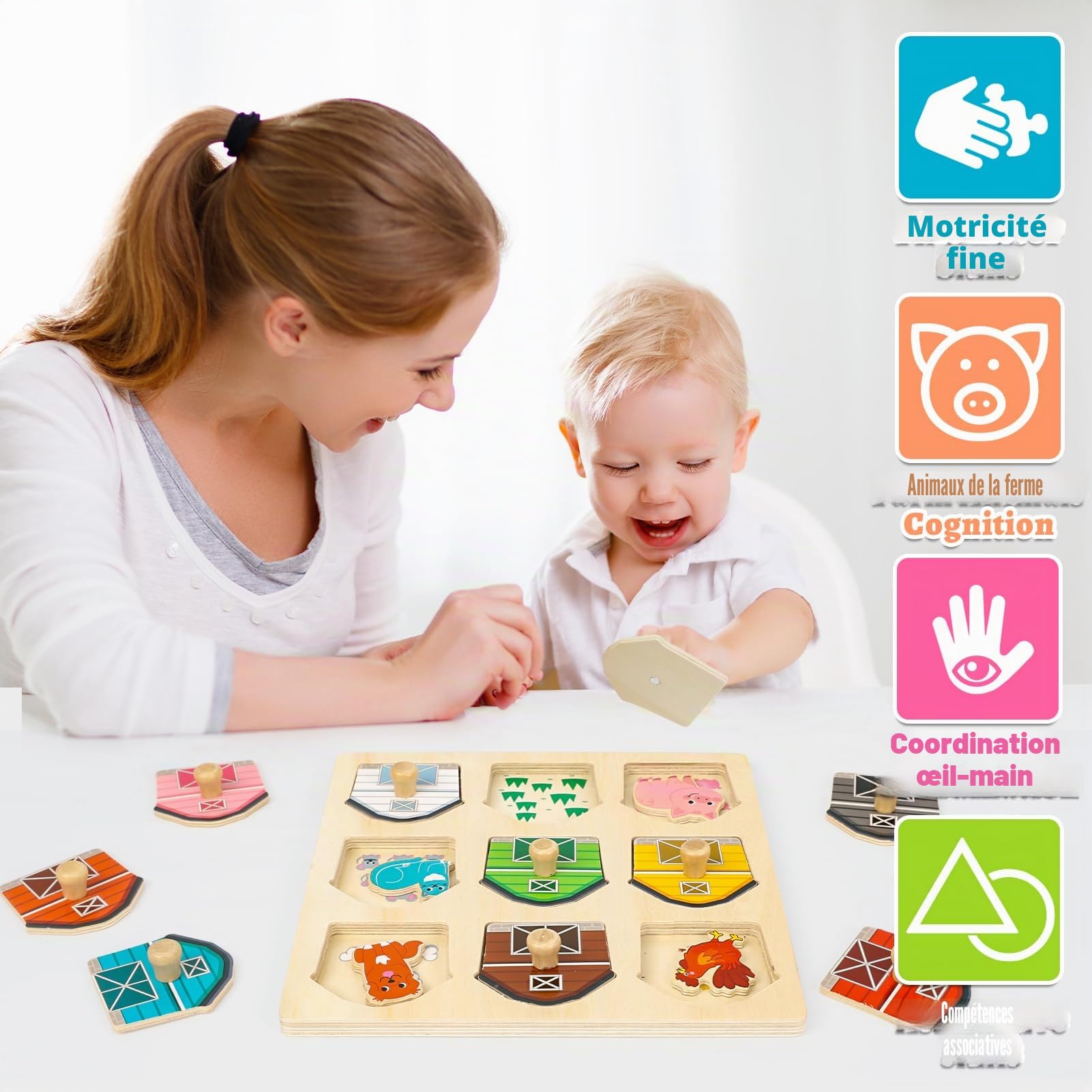 Jouets Montessori Puzzle en Bois pour Bébé 1 an Ferme Jouet Moteur 12-36 Mois Fille Garçon