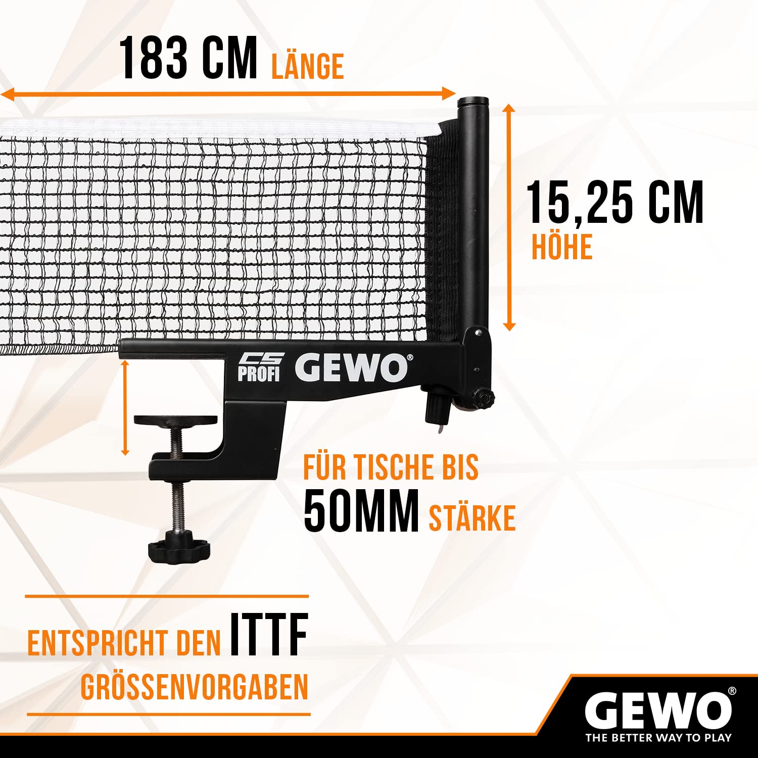 GEWO CS Professional Table Tennis Net - Professional Table Tennis Net for Table Tennis Table - Solid Metal Set with Height Adjustment Screw and Durable Mesh Structure, Black, 183 cm Long