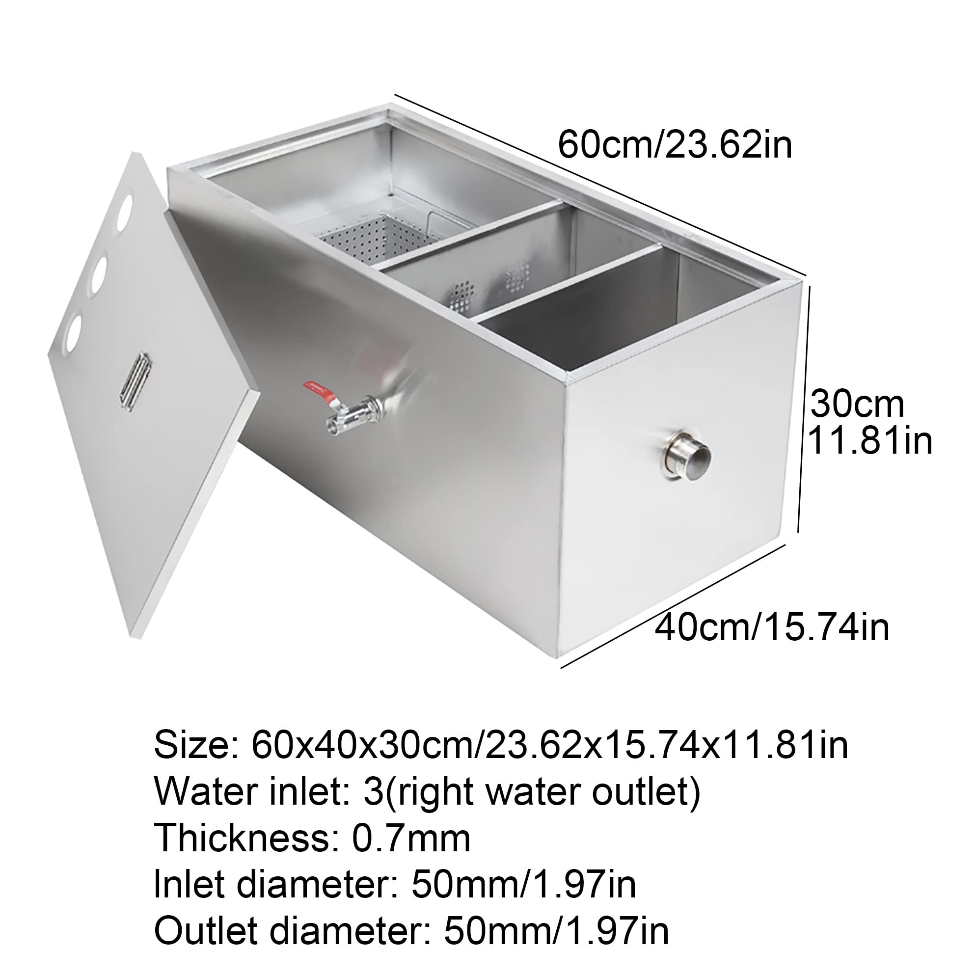 3 Top Inlets Grease Trap Commercial Grease Interceptor Above Ground Stainless Steel Grease Traps with Removable Filter Basket, for Restaurant, Cafe, Home Kitchen