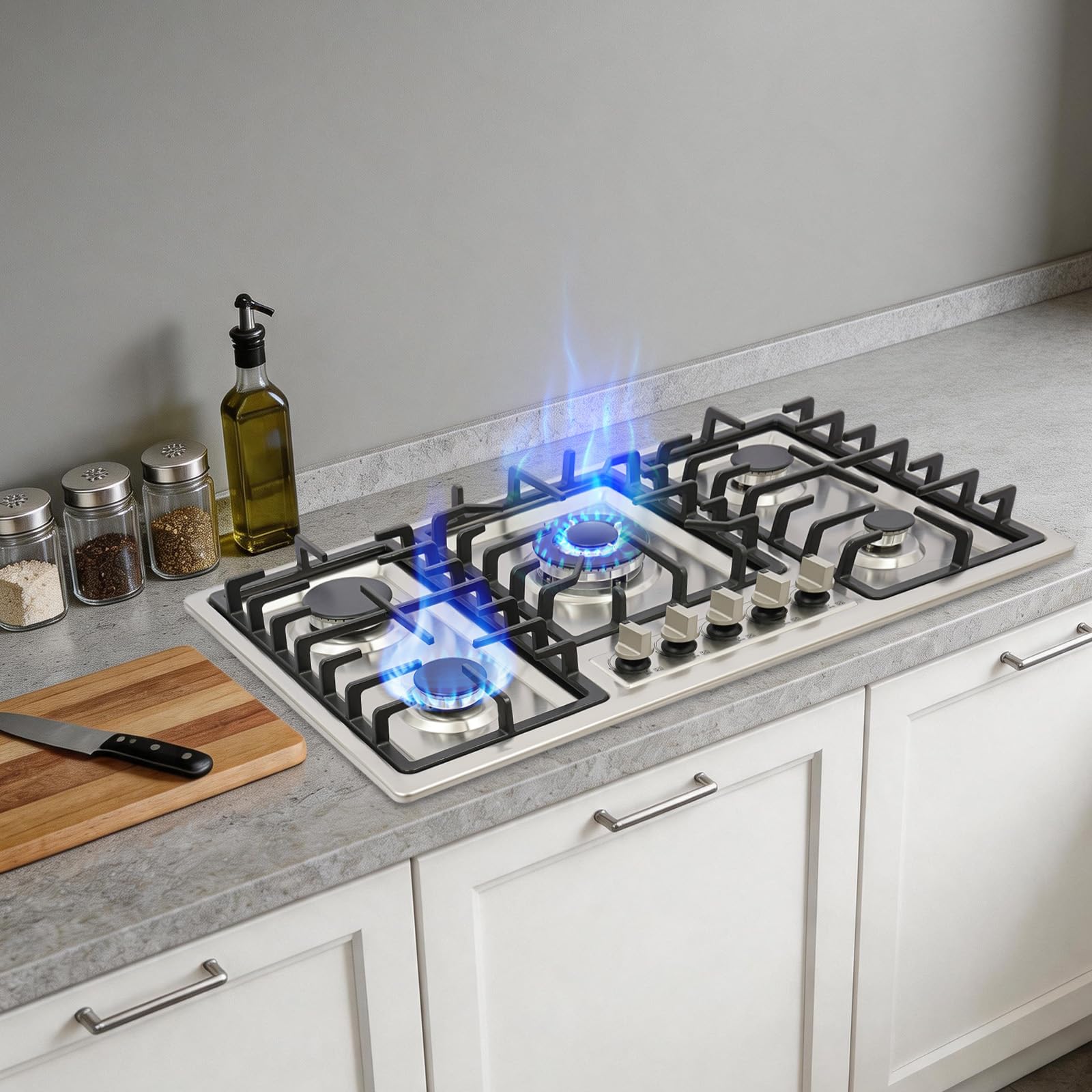 Plaque de cuisson à gaz encastrable à 5 flammes en acier inoxydable, 5 brûleurs indépendants, pression nominale 2000 Pa, avec dispositif de sécurité et allumage par impulsion, pour ménage, restaurant