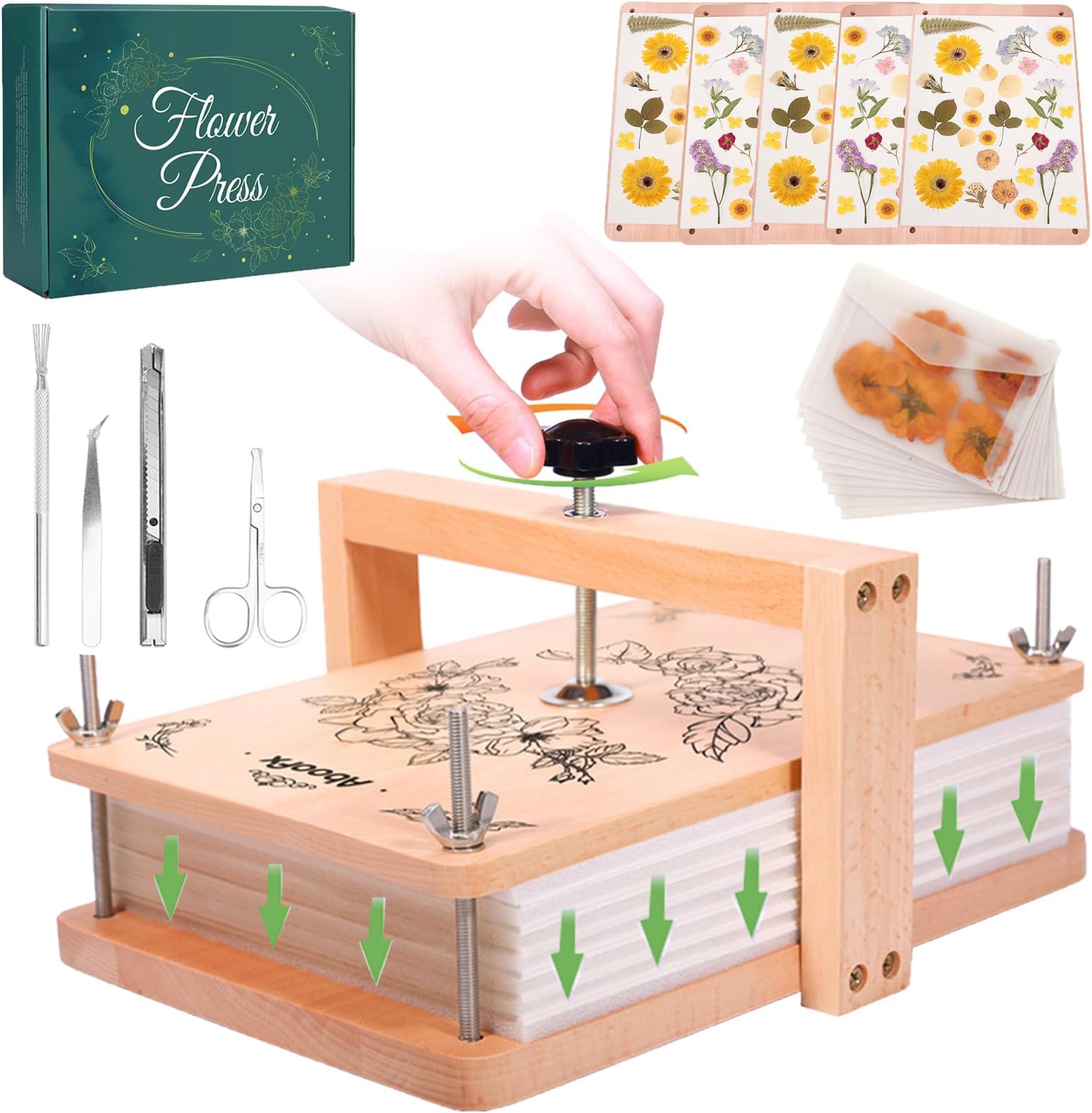 Aboofx Large Flower Press Kit, 11.8" x 8.3" 6 Layers Wood Flower Pressing kit with Storage Bags for Dried Flower Plant Wedding Bouquet Preservation Kits, DIY Art & Crafts Gift for Adult Craft Lovers