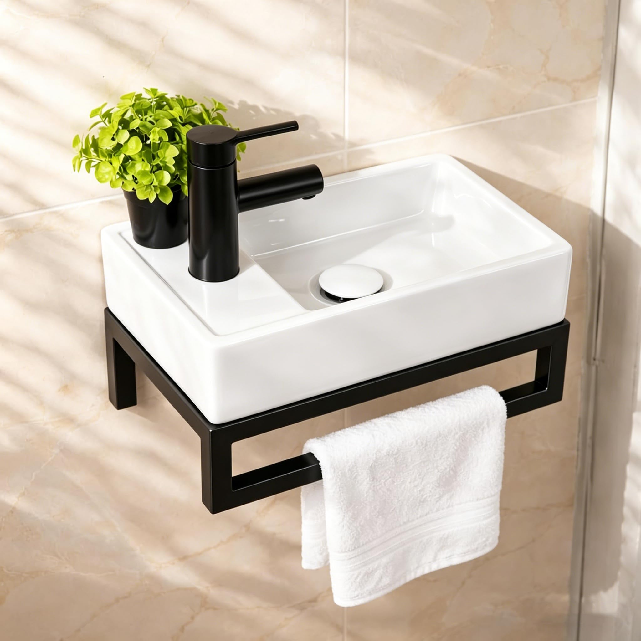 NUESTRA VIDA Hängendes Mini-Waschbecken aus weißer Keramik mit schwarzem Matt-Metallgestell – 40x22x24 cm, eckig, mit Überlaufloch – Ideal für Gäste-WC – ohne Armatur und Pop-up-Abfluss
