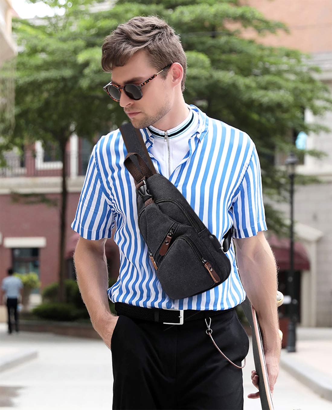 FANDARE Bolsa de Pecho Hombre Bolsa de Lona Bolsa Deportiva de Hombro Bandoleras Cruzada con USB Bolsa de Mochila,Mochilas Pequeñas para Ciclismo,Acampada,Viaje