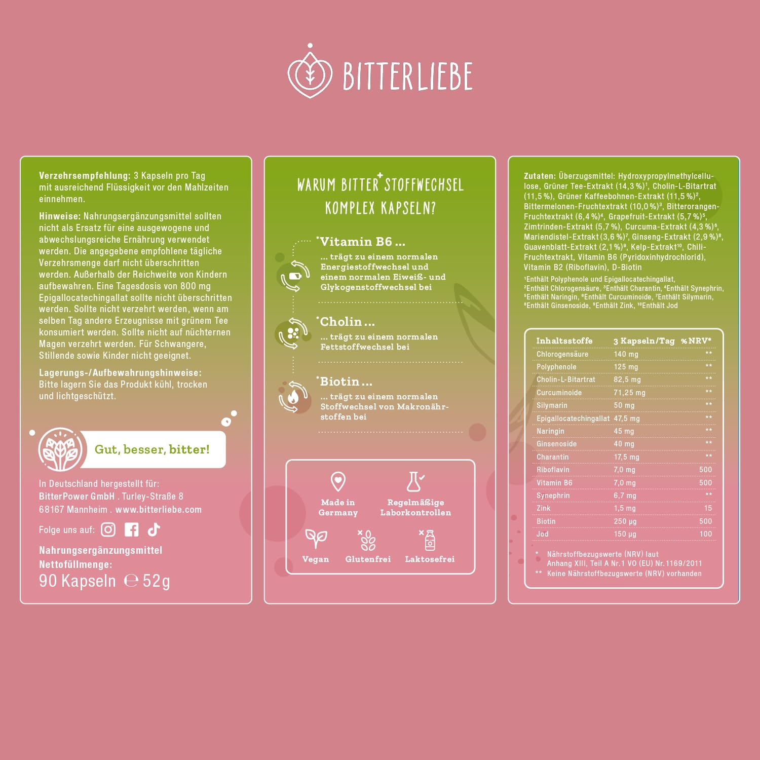 BitterLiebe® Bitter Stoffwechsel * Komplex - 90 hochdosierte Kapseln mit Cholin, Zink, Vitaminen & Bitterstoffen - Für einen normalen Fett- und Energiestoffwechsel *- Vegan & Made in Germany