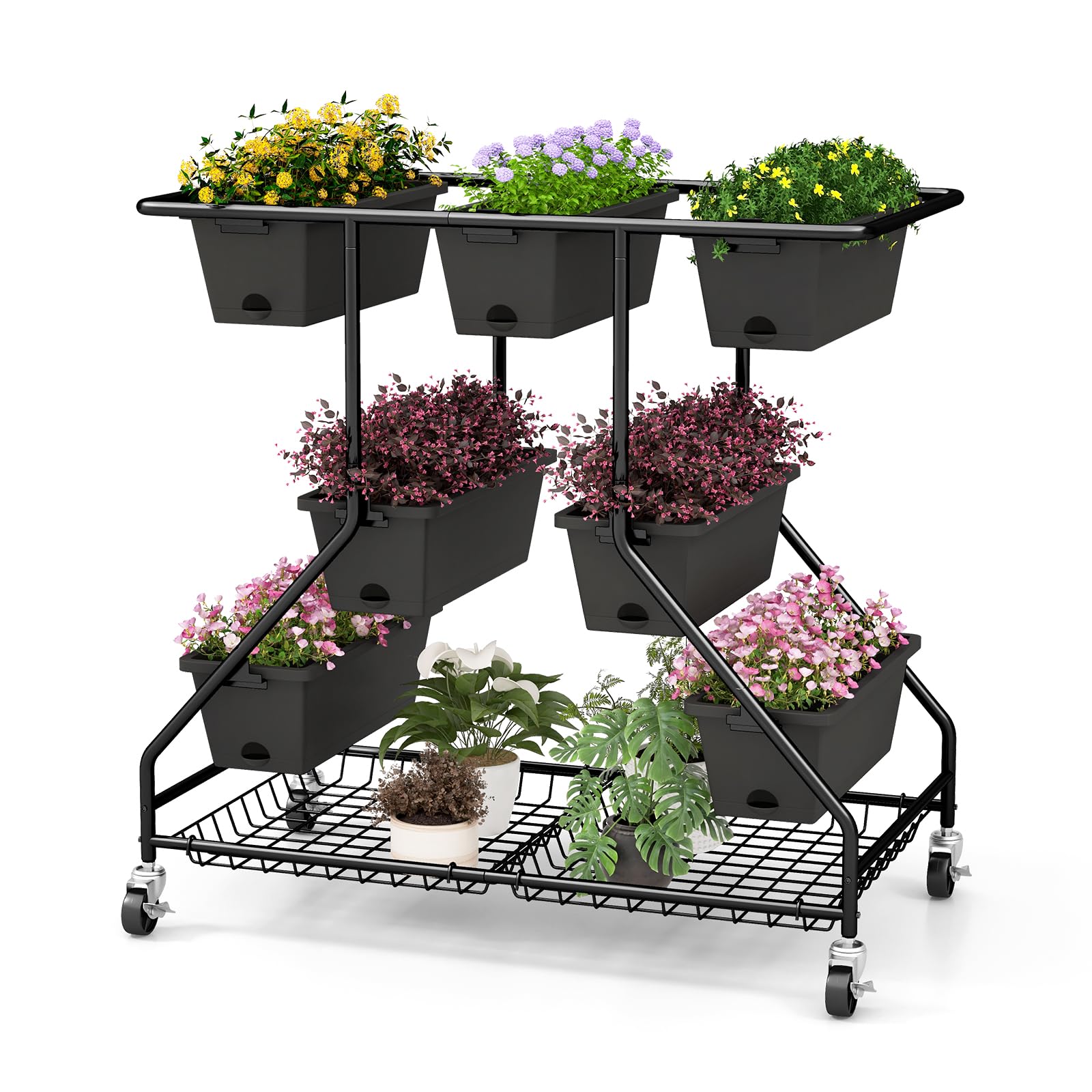 RELAX4LIFE Fioriera da Esterno, Scaffale Porta Piante con 7 Scatole, Fori di Drenaggio e Cesti di Stoccaggio, Supporto per Piante con Ruote Bloccabili per Balcone e Giardino