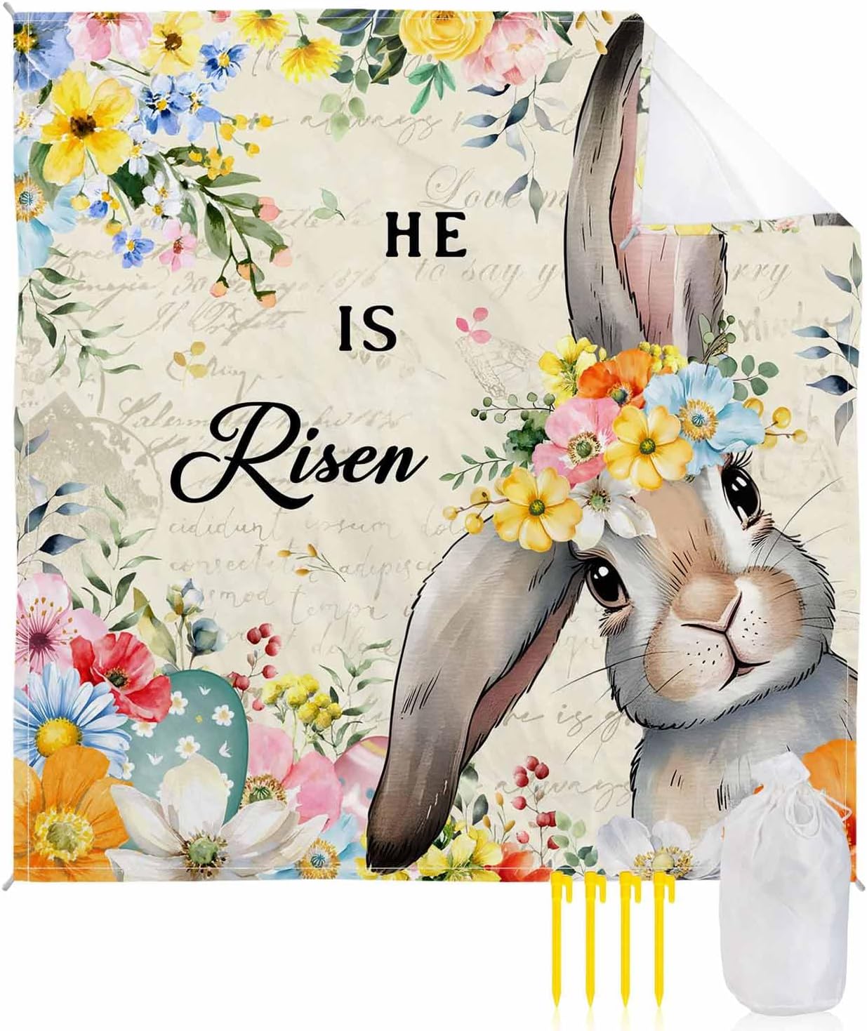 Beach Blanket Waterproof Sandproof, Easter Rabbit Blossom Flower Quick Drying Beach Mat with 4 Stakes, Spring Floral Leaf Retro Back Lightweight Picnic Blanket for Travel Camping Outdoor 95"x80"