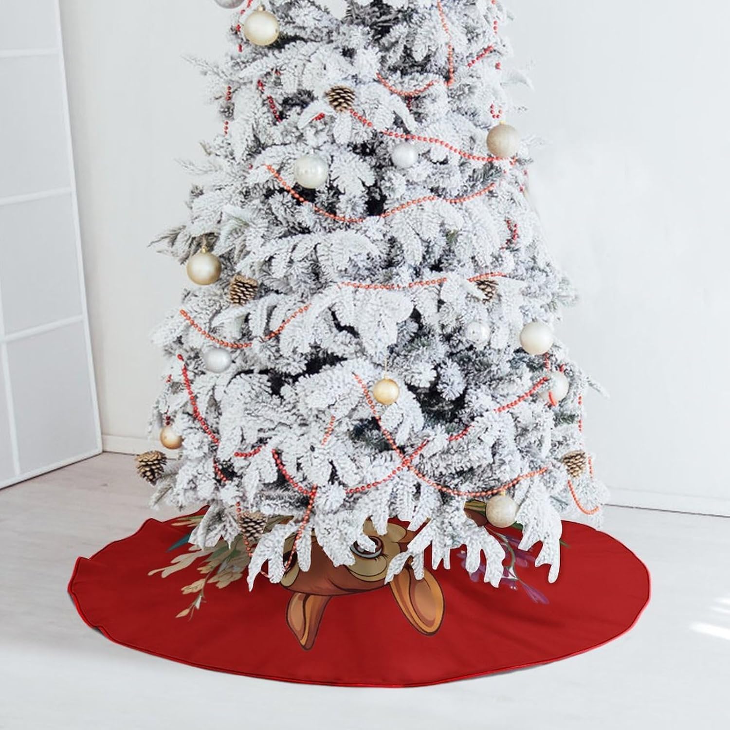 Cute Squirrel with Flowers Christmas Tree Skirt Ornaments Christmas Tree Mat for Home Party Holiday Decorations