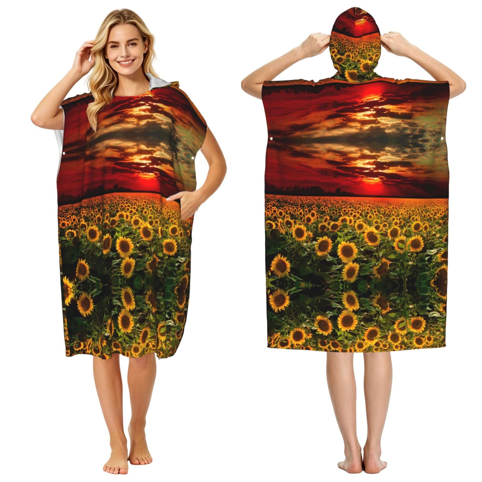 Sunset Sunflower Print Changing Robe, Hooded Towel Poncho For Swimming Pool, Beach,Quick Dry & Light Weight Towelling Poncho For Adults Women Men