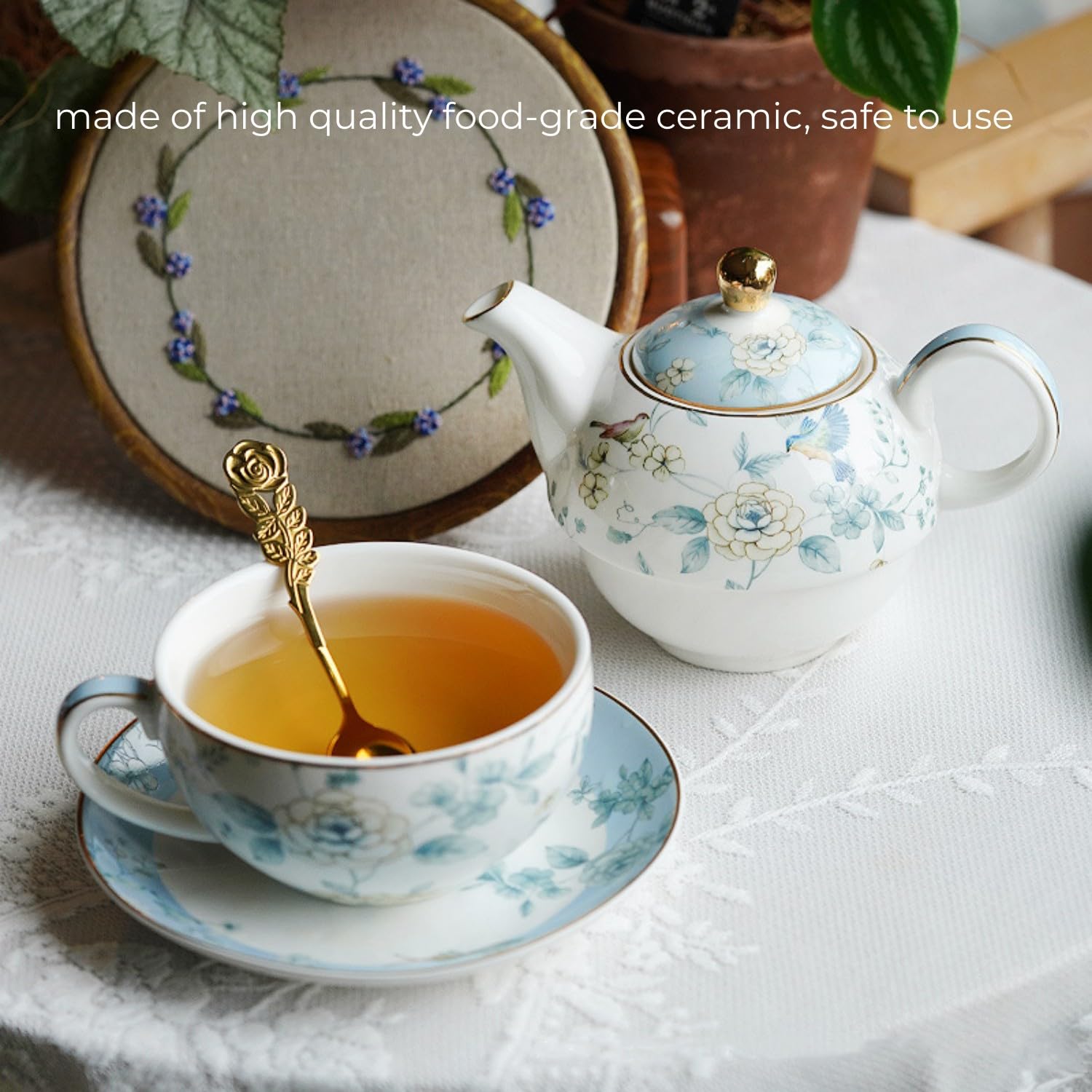 Service à thé pour une personne avec théière et tasse en porcelaine, 450 ml de théière et 300 ml de tasse à thé, cadeaux pour femmes, service à thé de l'après-midi, céramique, lavable au
