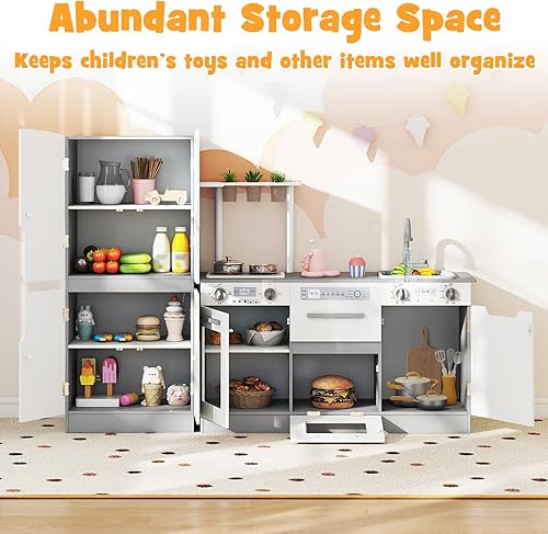 Miniatura 5 de Costzon Juego de cocina para niños, juego modular de madera de 2 piezas con agua corriente, sonido y luz, nevera, lavavajillas, microondas, horno,