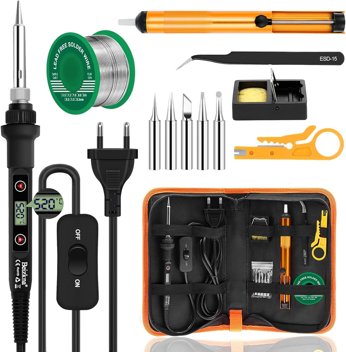 Fer à Souder Kit 80W Température Réglable 180-520°C Electronique de Precision avec Interrupteur ON/OFF, 5 Conseils de soudage, Pompe à Dessouder, Fil de Soudure, Station de Soudage, Pincettes