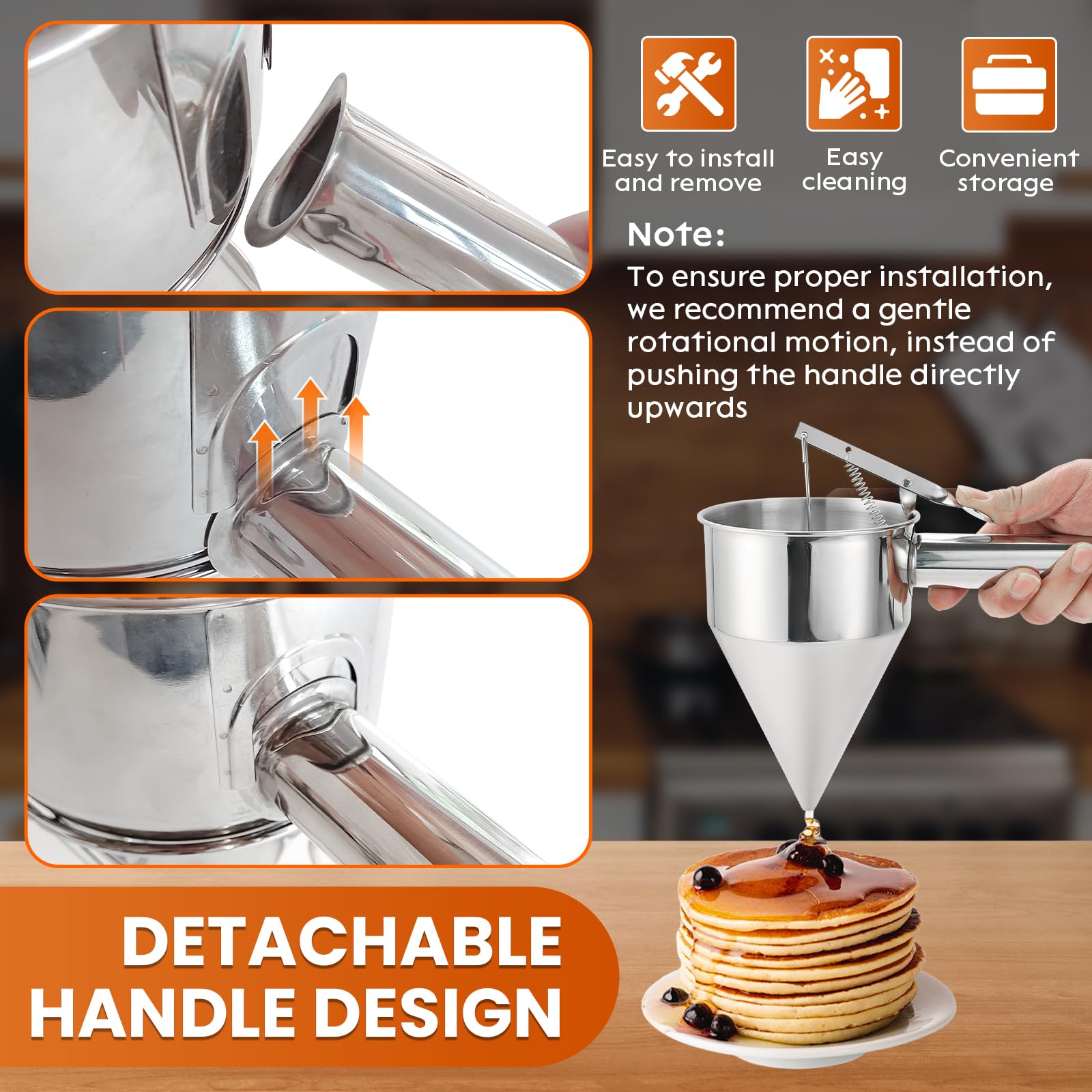 Dispensador de masa, dispensador de masa de panqueques de acero inoxidable, dispensador de embudo de pistón con soporte para postres de pastel de hornear Takoyaki