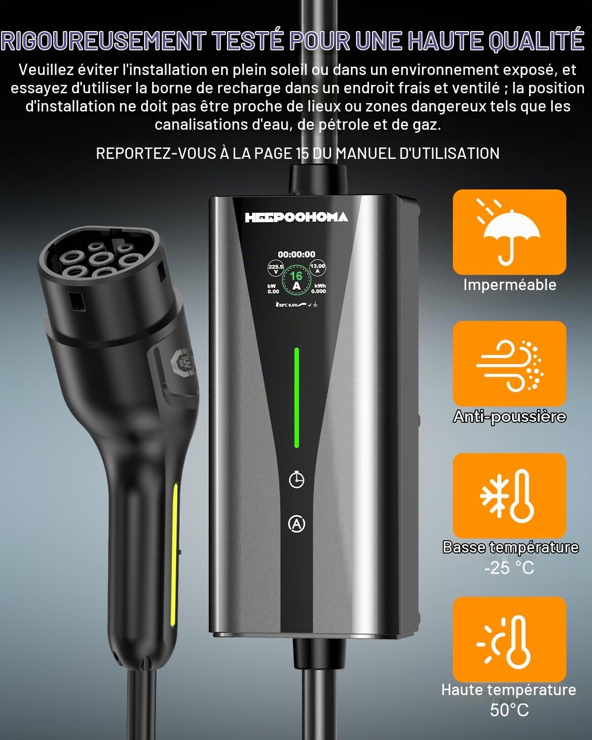 Câble de Charge Schuko de Type 2-10 m - 3,68 KW - Chargeur EV 6-16 A - Réglable - pour Voiture électrique monophasée - avec indicateur LED-Station de Charge Portable IP65 pour (HPO - 3,7 KW, 10M)
