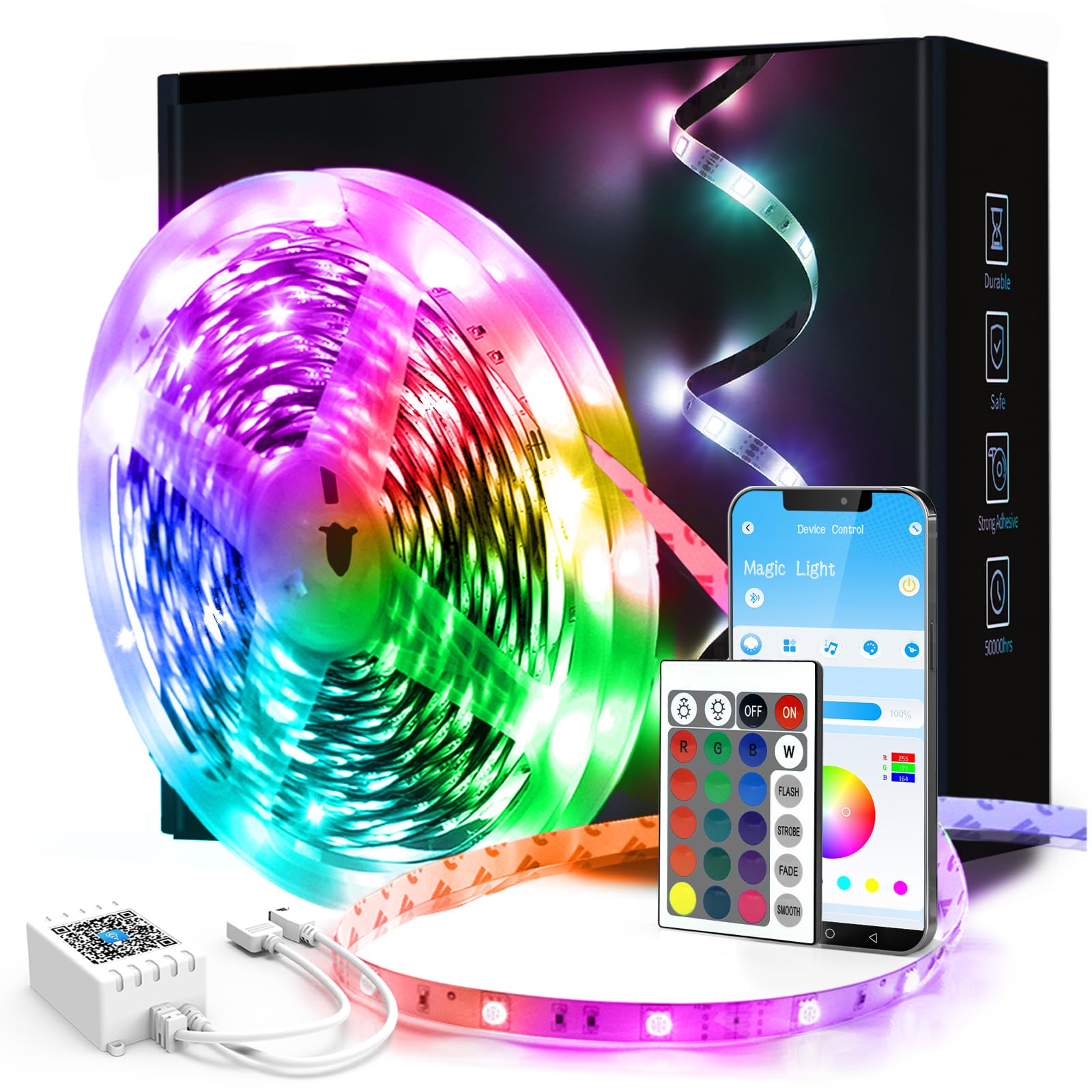 phopollo 20m Led Strip Light for Bedroom, Remote and App Control Bluetooth Connect Music Sync RGB Lights for Room Plug in Self Adhesive (20Mx1)