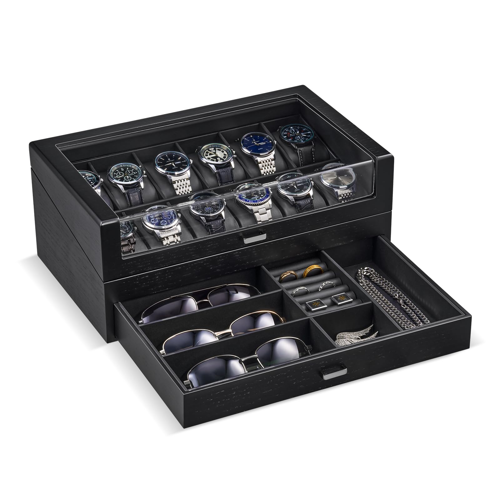 HVMBEUGOS Wooden Watch Box for Men, Wood Watch Display Case with Glass Lid, Men's Jewelry Organizer Box with Drawer -12 Slot, Black
