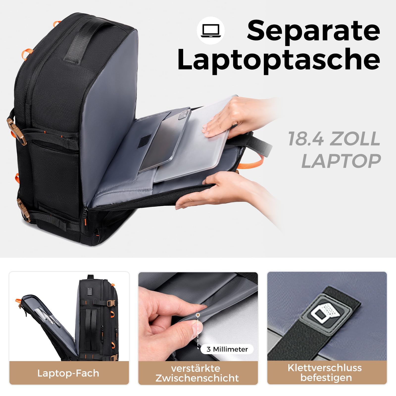 Fenree.geer Reiserucksack, Handgepäck Rucksack, Laptop Rucksack für 18.4 Zoll, Erweiterbar 49 L auf 59 L, Travel Backpack Damen & Herren für Flugreisen, Business, Weekender-Schwarz