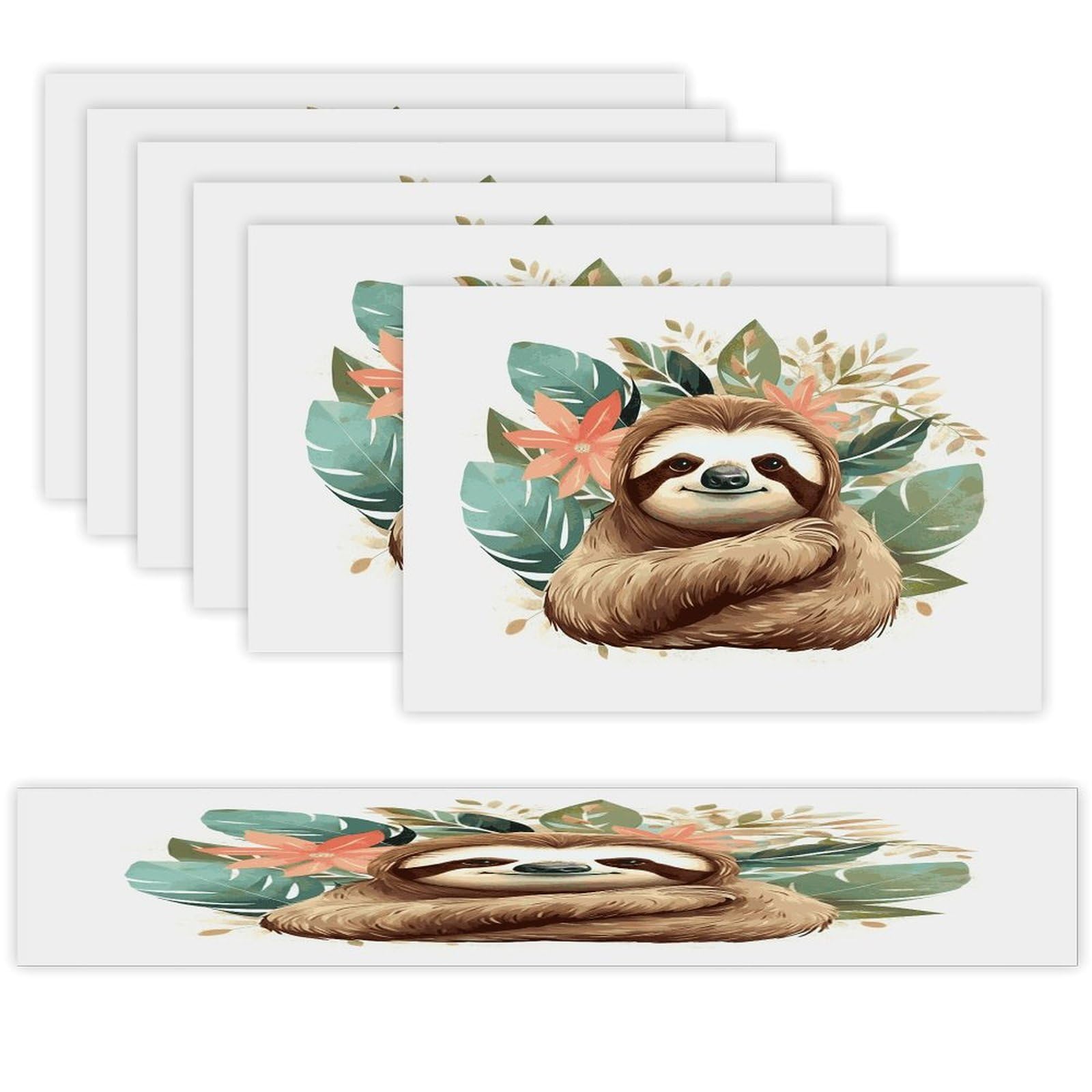 Cute Sloth Leaves Table Runner and Placemats Set of 6 for Kitchen Washable Table Mats Heat Resistant Place Mats Non-Slip Place Mat Wipeable Placemat(6 Placemats+1 Table Runner)