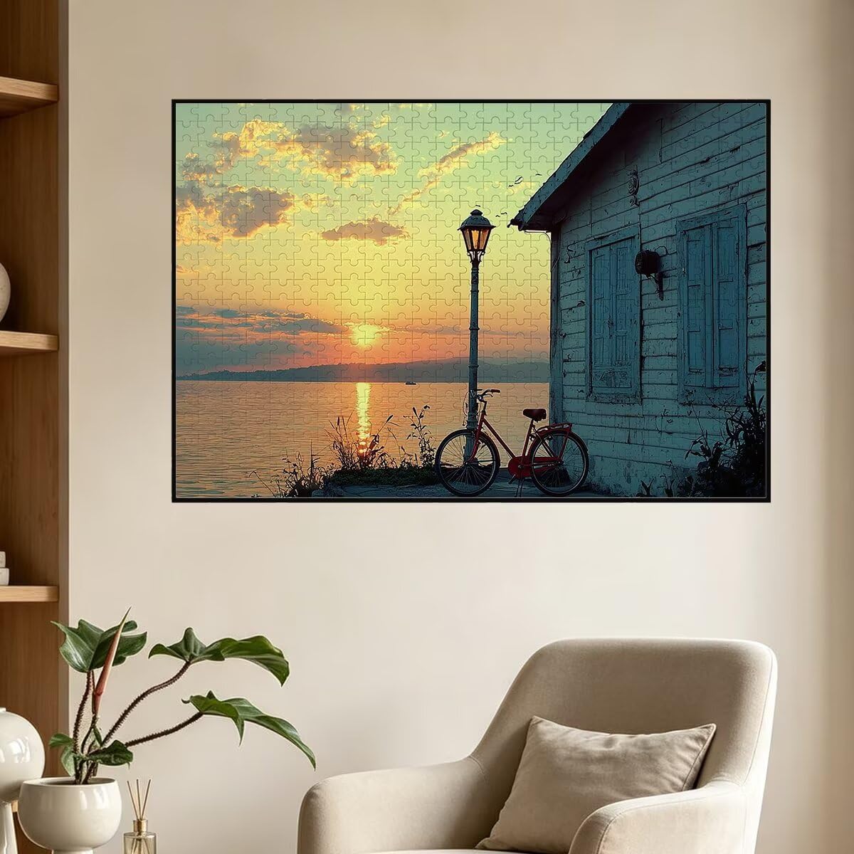 Puzzle 1500 elementów zachód słońca, drewniane puzzle rowerowe, 87x57cm