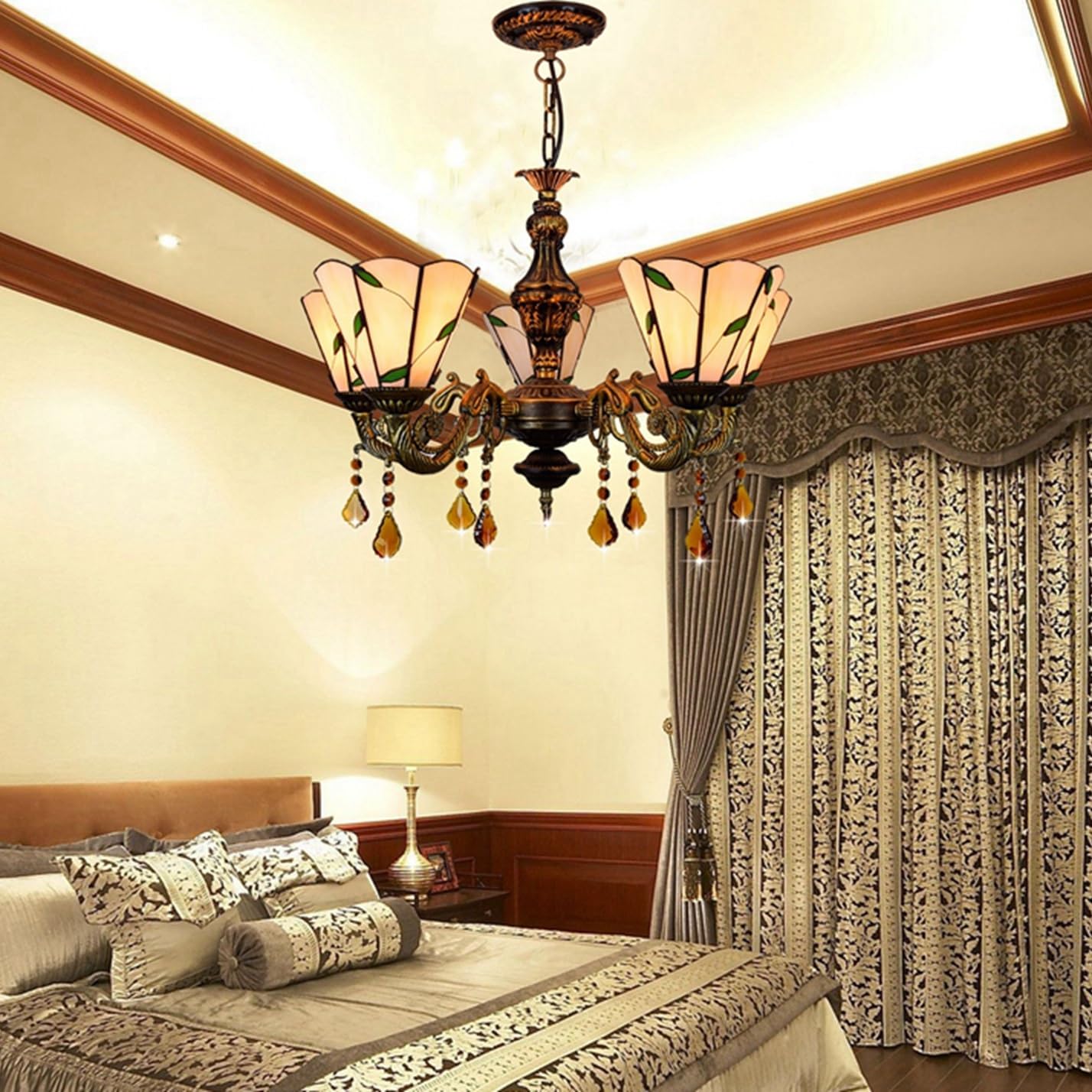 Żyrandol Witrażowy Tiffany, 5 Głowic 6 Cali Ciepłe Liście Lampa Sufitowa Wystrój W Stylu Vintage Kryształowa Lampa Wisząca Do Pokoju Sypialnia Restauracja Przedpokój