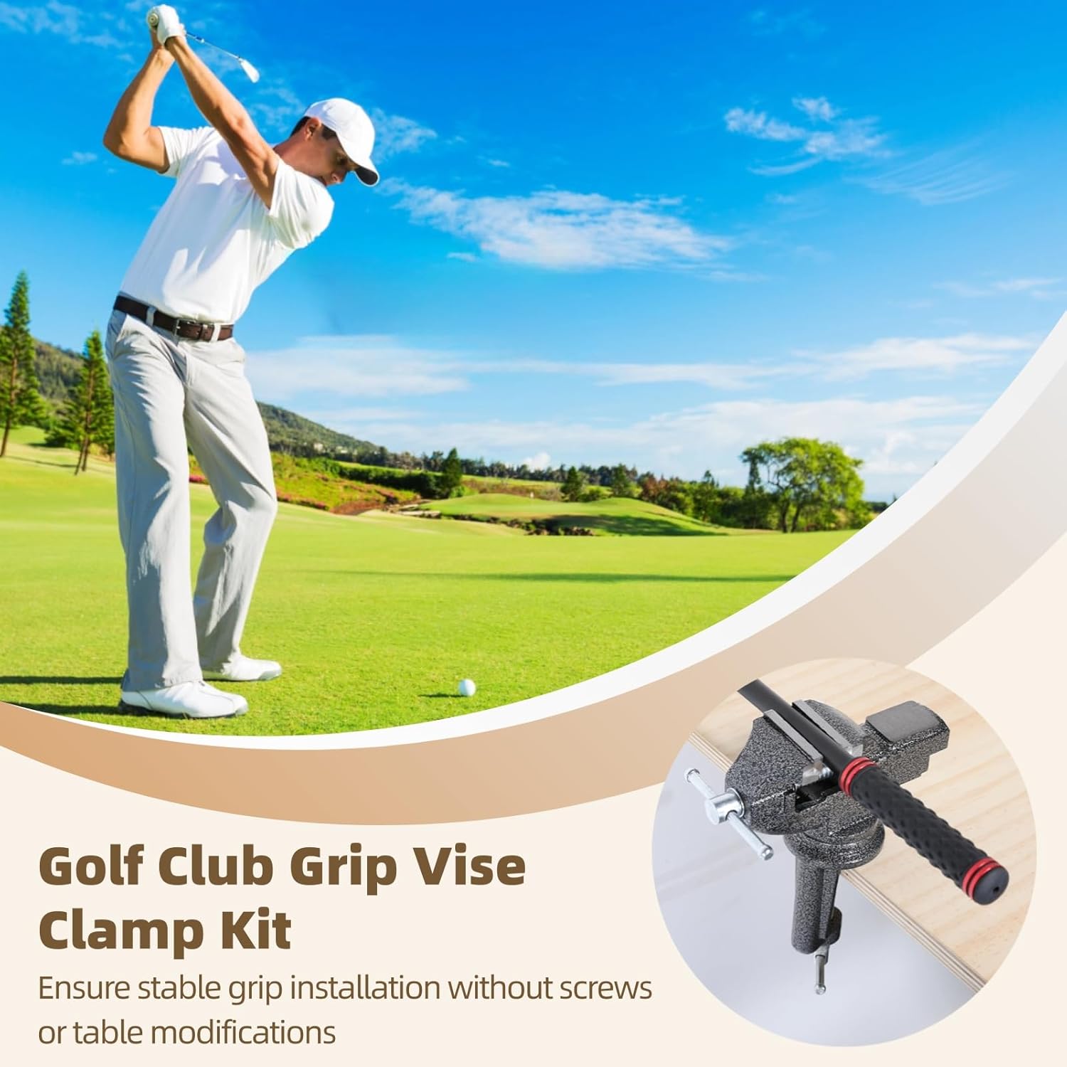 360° Rotating Golf Club Grip Vise Clamp Kit with 20 Double-Sided Tapes, Hook Cutter, and Rubber Sleeve for Regripping