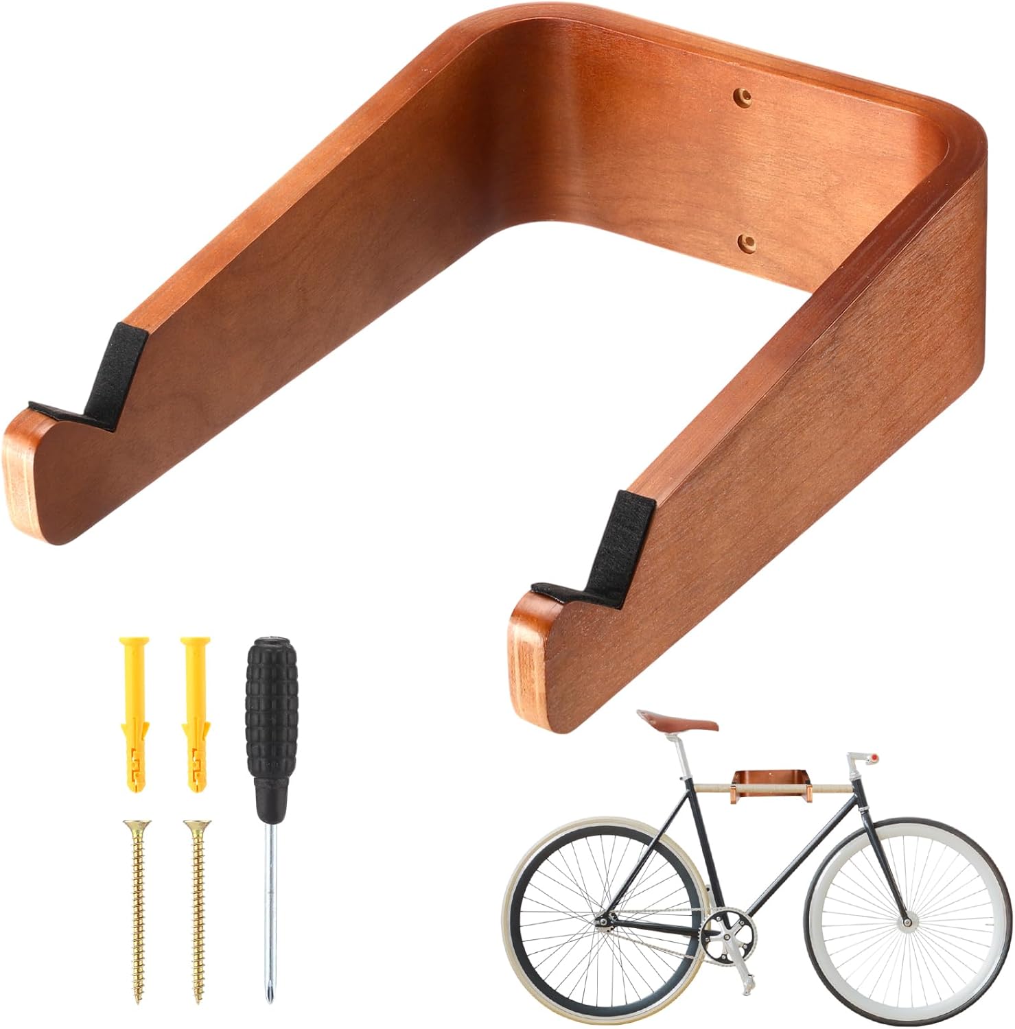 Geelin Wooden Bike Wall Mount Horizontal Bicycle Wall Mount Rack with Scratch-resistant Padding Space-saving Storage Hook for Home or Garage Apartment Indoor Storage