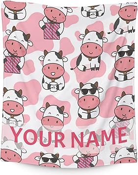 Personalized Cow Blanket Gifts with Name - 50"x60" Cute Throw for Women, Girls - Pink Soft Fuzzy Blankets for Bed, Couch & Living Room