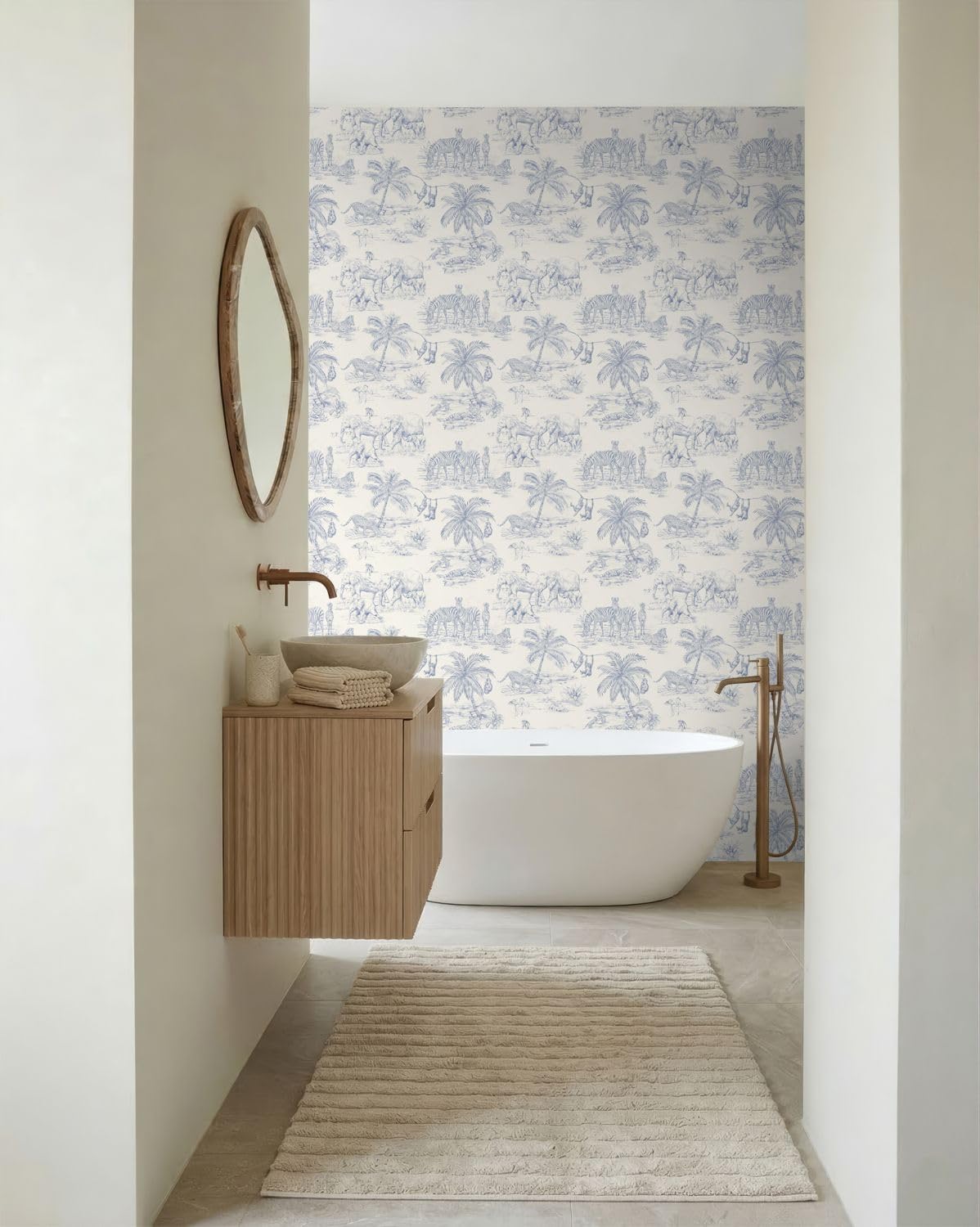 papier peint toile de jouy jungle bleu et blanc 0.53 x 10.05 m - ESTAhome
